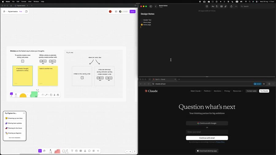 Figma on the left with notes and a browser stacked on the right