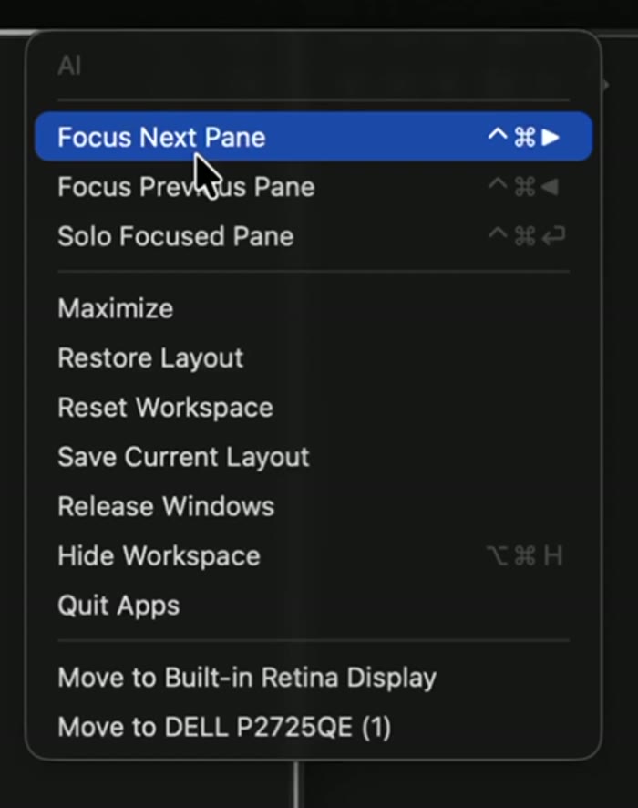 Panelet's workspace menu, showing Focus Next Pane, Solo Focused Pane, Maximize, Restore Layout, Reset Workspace, Save Current Layout, Release Windows, Hide Workspace, Quit Apps, and Move to display