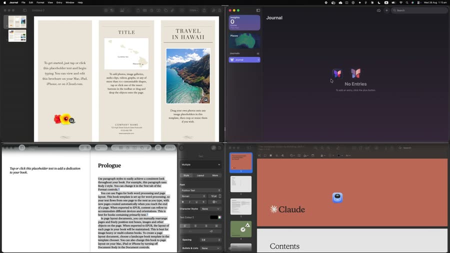 Four windows — two documents, a journal and a chat — in a 2 by 2 grid