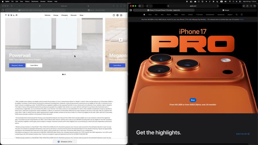 Two separate Safari windows tiled side by side in one Panelet workspace